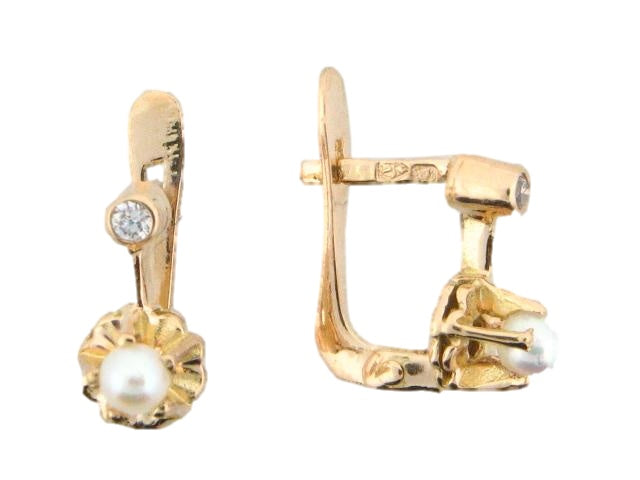 6736 - 19.2k Portuguese Gold Pearl Kids Earrings - Columbia Jewelers, Fall River, Massachusetts, USA