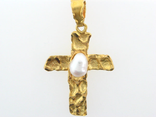 5944 - 19.2K Portuguese Yellow Gold Solid Cross with Sweet Water Pearl - Columbia Jewelers, Fall River, Massachusetts, USA