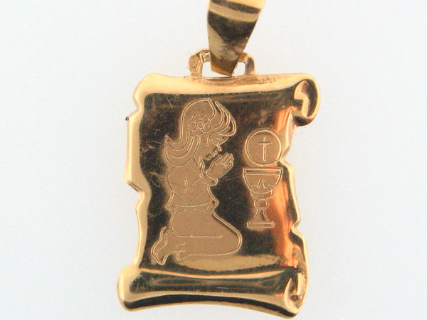 5728 - 19.2k Portuguese Gold Solid Papyrus Shape Communion Medal (Girl) - Columbia Jewelers, Fall River, Massachusetts, USA
