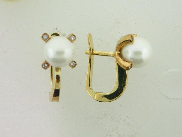 10.01759- 19.2k Portuguese Gold Pearl & CZs Earrings - Columbia Jewelers, Fall River, Massachusetts, USA